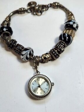 Artisan European Charm Watch Bracelet Black White Lampwork Eiffel Tower Snake